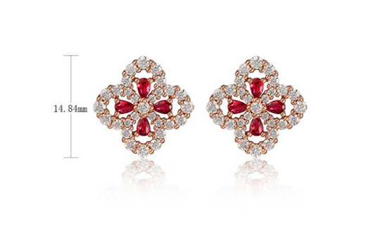 Aretes de Plata S925 Flor de Cuatro Pétalos con Piedra Roja Cultivada para Mujer - Image 11