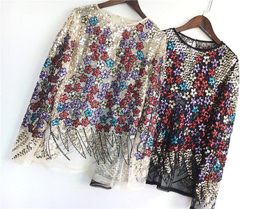 Blusa Larga de Encaje con Flores y Lentejuelas Brillantes - Image 5