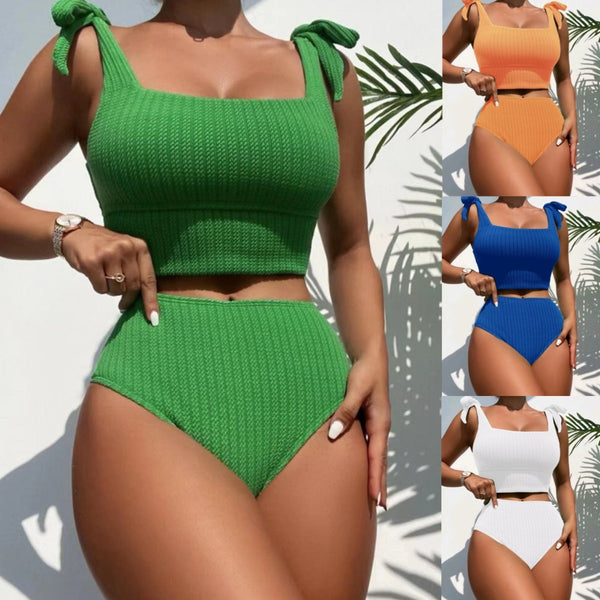 Green textured knit two-piece swimsuit with a square-neck crop top and high-waisted bottoms, featuring tie-shoulder straps.
