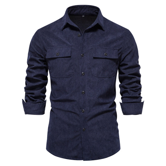 Camisa Slim Fit de Pana Manga Larga Colores Sólidos para Hombre