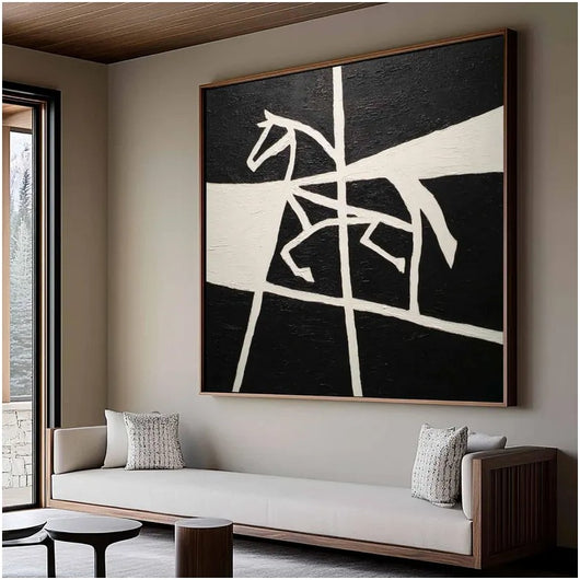 Cuadro Artístico Caballo Blanco y Negro - Lienzo Pintado a Mano para Sala de Estar - Image 2