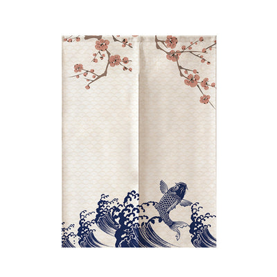 Red fabric door curtain with white polka dots and a repeating pattern of a lucky cat holding a gold coin, surrounded by flowers. - Image 33