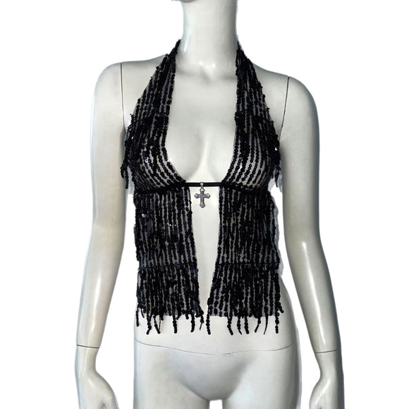 Top Halter Lentejuelas con Cordones y Tirantes Ajustables