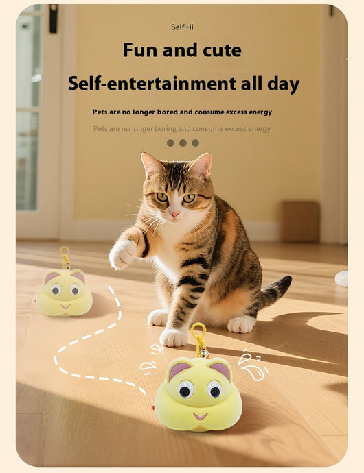 Gray pet toy shaped like a mouse or cat head with googly eyes, pink ears, and a yellow feather with a bell. - Image 12