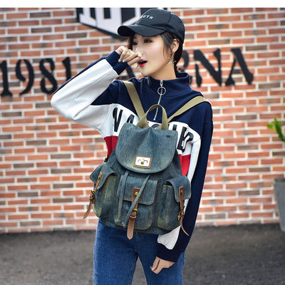 Mochila Denim Retro con Cordón y Bolsillos Funcionales para Mujer - Image 13
