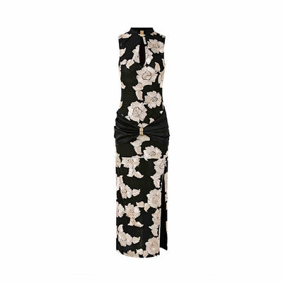 Vestido Elegante Negro con Flores en Malla y Detalles Fruncidos - Image 7