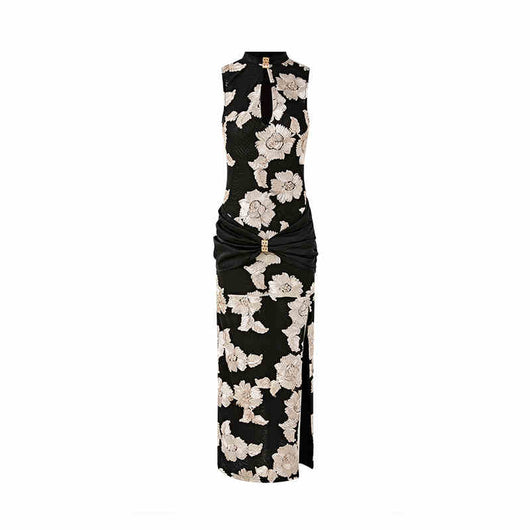 Vestido Elegante Negro con Flores en Malla y Detalles Fruncidos - Image 7