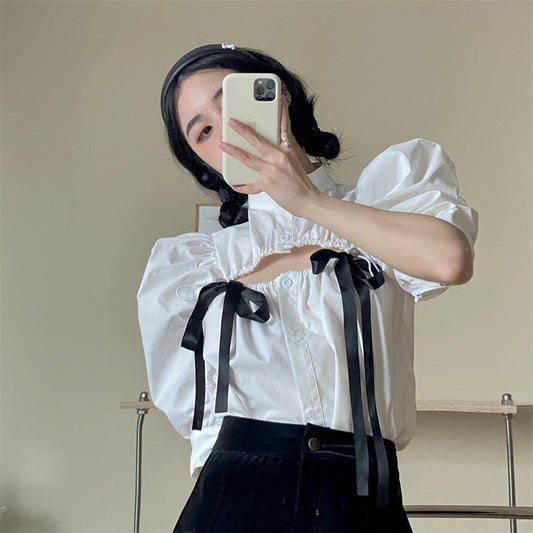 Blusa Blanca Manga Abullonada Ajustada Efecto Reductor - Image 2