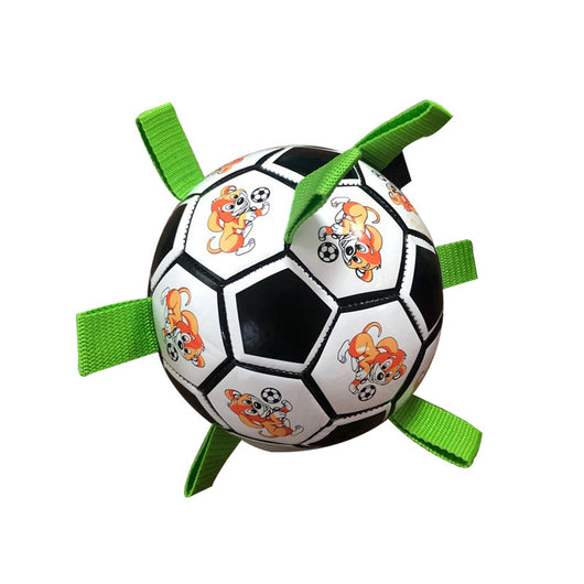 Red and white dog football toy with green fabric loops, featuring cartoon dogs playing with a soccer ball. - Image 4