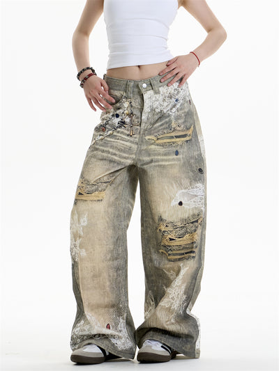 Pantalones Vaqueros Estampado Cruzado Mujer Pierna Ancha - Image 13