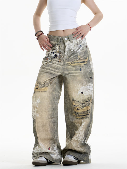 Pantalones Vaqueros Estampado Cruzado Mujer Pierna Ancha - Image 13