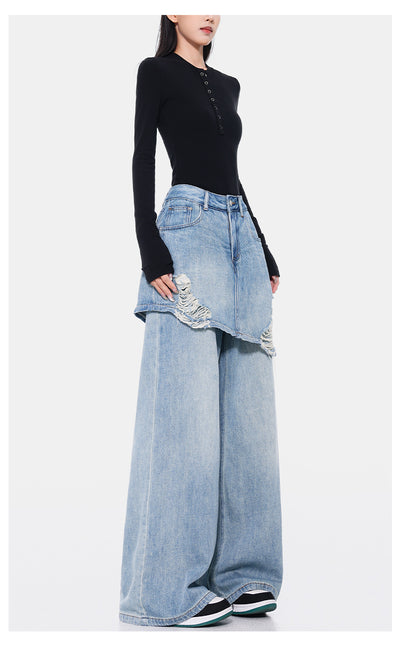 Pantalones Rectos Azul Vintage Efecto Desgastado Doble Tela para Mujer - Image 12