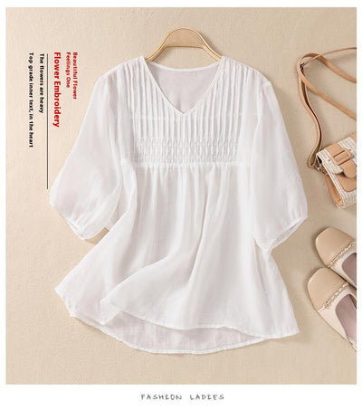 Blusa Suelta de Algodón y Lino con Cuello V - Image 21
