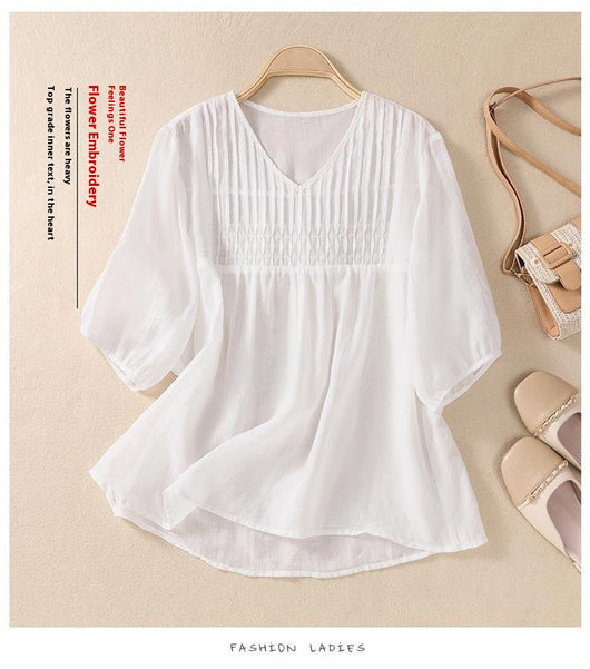 Blusa Suelta de Algodón y Lino con Cuello V - Image 21