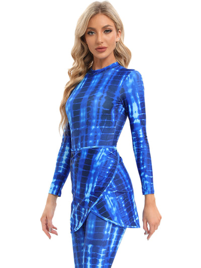 Blue tie-dye conservative beach swimsuit with long sleeves, full-length leggings, and a sheer sarong-style skirt. - Image 23