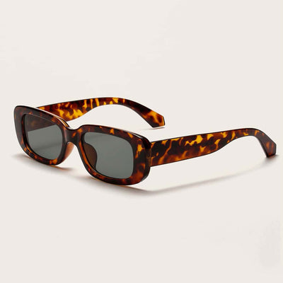 Rectangular tortoiseshell sunglasses with a small frame and dark gray lenses, angled on a white background. - Image 25