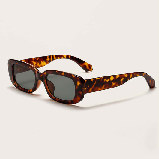 Rectangular tortoiseshell sunglasses with a small frame and dark gray lenses, angled on a white background. - Image 25