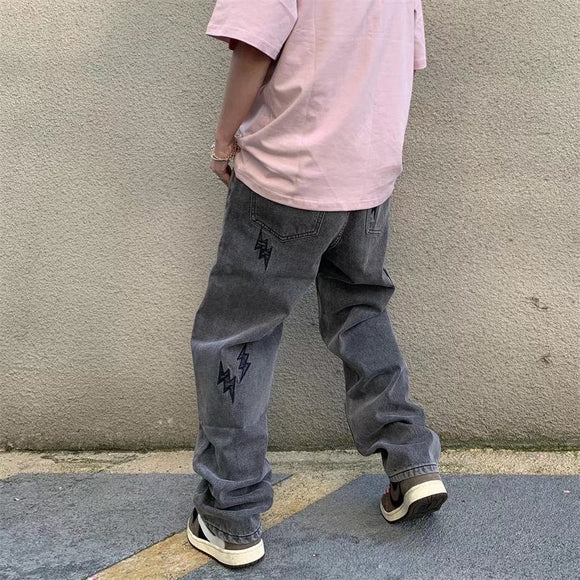 Men's Distressed Straight Loose Fit Jeans with Lightning Embroidery