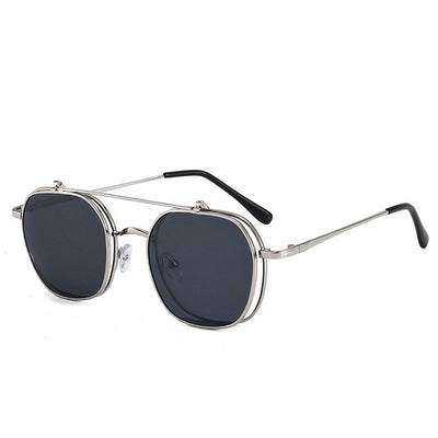 Gold frame flip-up sunglasses with brown lenses, featuring a double-layer design and black temple tips. - Image 6