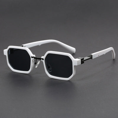 Retro polygon sunglasses for women with a leopard print frame and blue-tinted lenses.