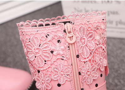 Pink girls' boots with lace trim, polka dots, side zippers, and decorative bows with pearl charms. - Image 17