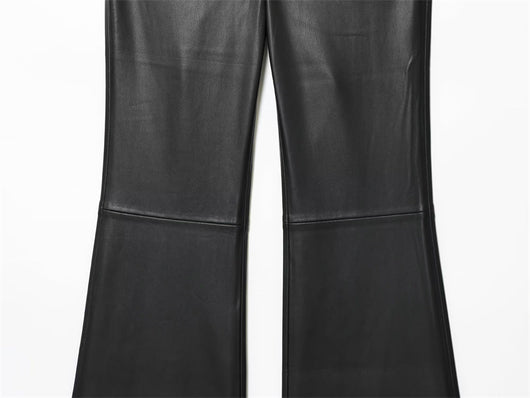 Pantalones de Cuero Casual Efecto Pierna Larga con Cintura Elástica y Bota Acampanada - Image 20