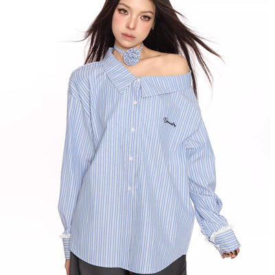 Blusa Larga Azul a Rayas Reductora de Hombros para Mujer
