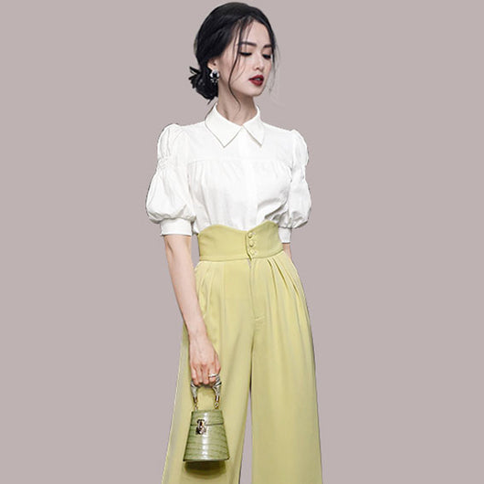 Conjunto Elegante: Blusa con Mangas Abullonadas y Pantalón Talle Alto Pierna Ancha - Image 11