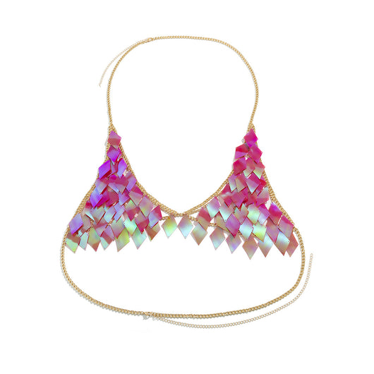Woman wearing a gold-tone body chain top with iridescent pink and orange diamond-shaped sequins, perfect for beach or festival. - Image 70
