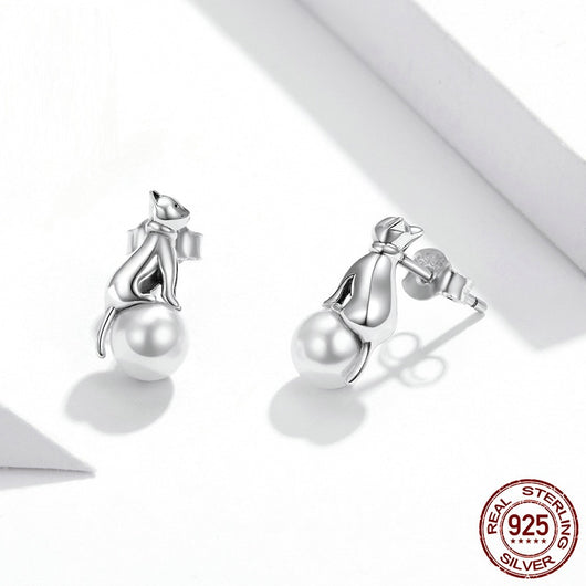 Aretes de Perla con Diseño de Gato Minimalista para Mujer - Image 8