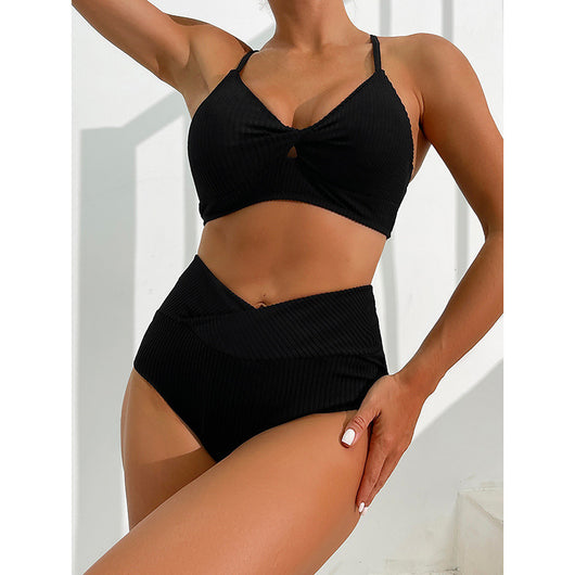 Black ribbed two-piece bikini set with a twisted front top and high-waisted V-front bottom. - Image 3
