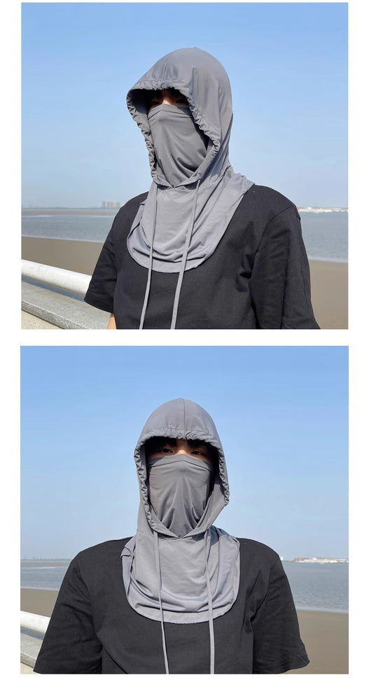 Light gray ice silk sun mask with full face coverage and an attached hood, featuring drawstrings for adjustment. - Image 10