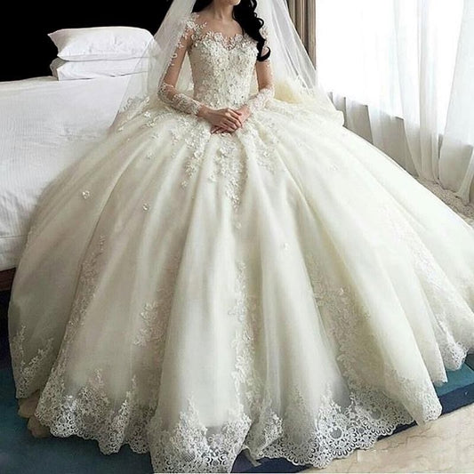 Vestido de Novia Princesa Manga Larga con Botones en la Espalda