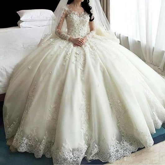 Vestido de Novia Princesa Manga Larga con Botones en la Espalda