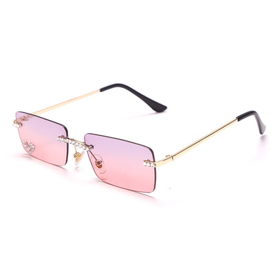 Frameless rectangular sunglasses with pink gradient lenses, gold-tone metal arms, and rhinestone embellishments. - Image 4