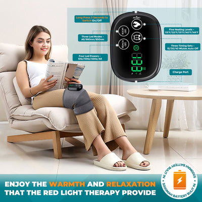 Black knee brace with red infrared lights and a digital control panel, providing heating and vibration massage therapy. - Image 12