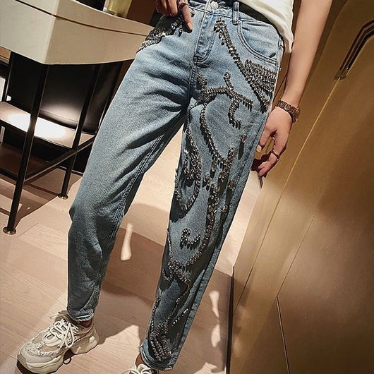 Jeans Sueltos de Cintura Alta con Diamantes Simples para Mujer - Image 8