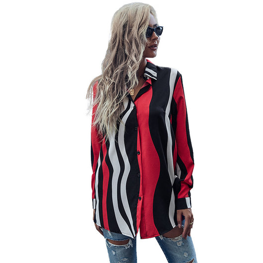 Blusa Rayada Roja con Solapa para Mujer - Manga Larga - Image 18