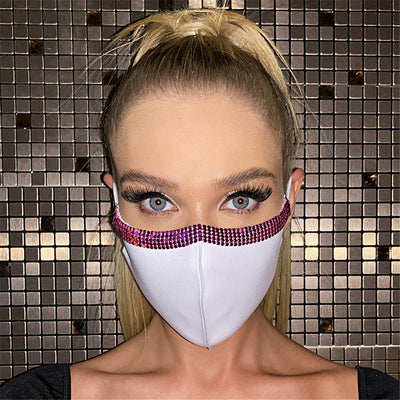 Woman wearing a black adjustable face mask with a shimmering silver rhinestone trim along the top edge. - Image 21