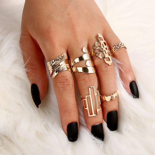 Set de 6 Anillos Articulados: Corona, Hoja y Formas Geométricas