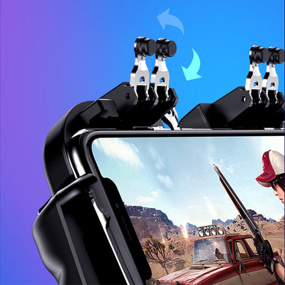 Black six-finger smartphone gamepad with silver triggers and a built-in phone bracket for mobile gaming. - Image 3