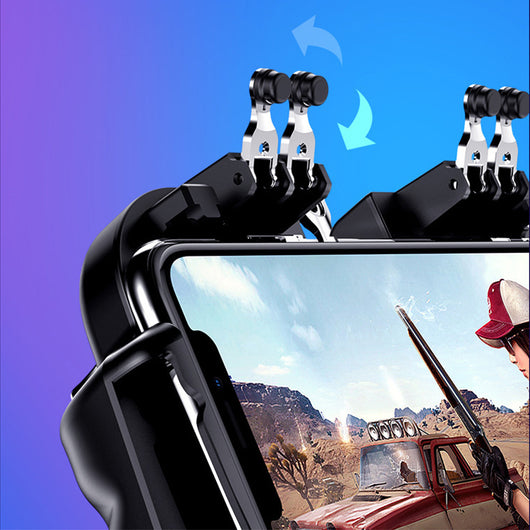 Black six-finger smartphone gamepad with silver triggers and a built-in phone bracket for mobile gaming. - Image 3