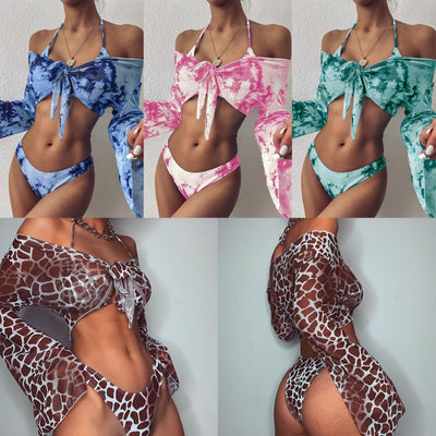 Bikini Estampado de Leopardo con Mangas Largas Tres Piezas