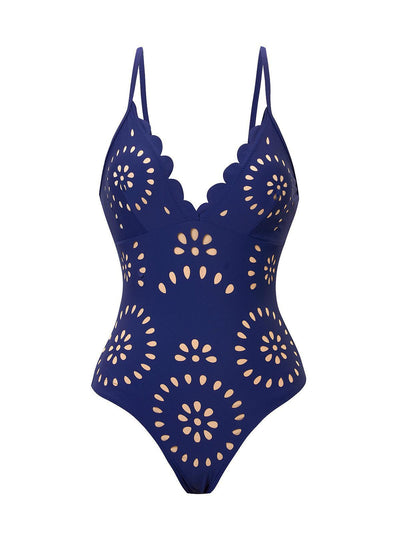 Navy blue women's one-piece swimsuit and matching midi skirt set with laser-cut floral patterns and scalloped edges. - Image 12