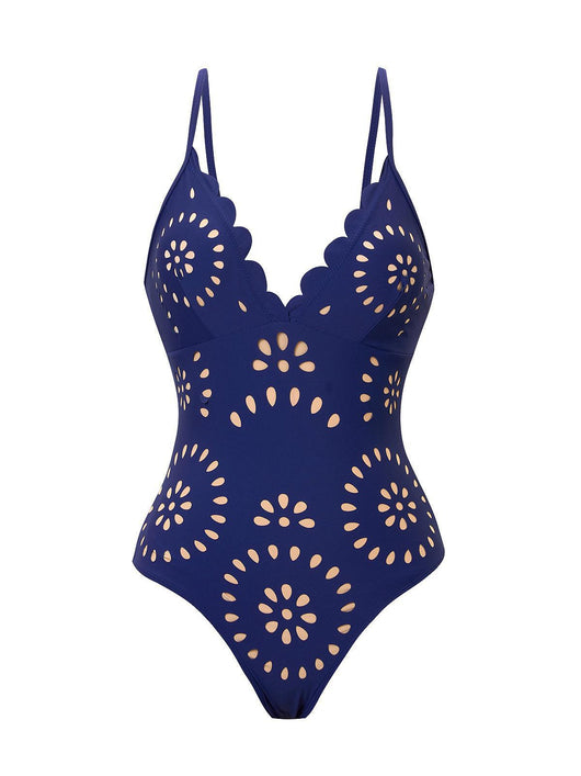 Navy blue women's one-piece swimsuit and matching midi skirt set with laser-cut floral patterns and scalloped edges. - Image 12