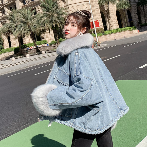 Chaqueta Denim Dos Piezas con Cuello de Conejo Desmontable
