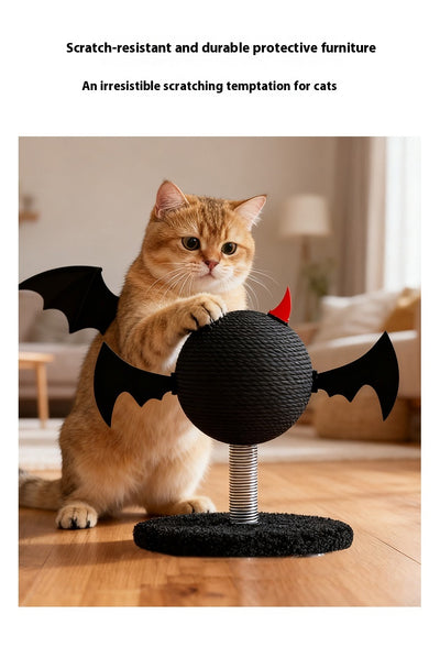 Black cat scratching toy with a sisal-wrapped ball, red devil horns, and black bat wings on a spring base. - Image 13