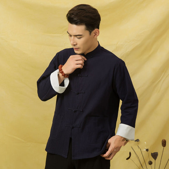 Camisa Larga de Algodón y Lino Estilo Chino con Botones