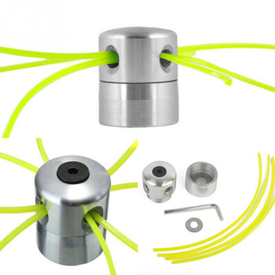 Silver aluminum lawn mower accessory, likely a trimmer head, with multiple holes for grass rope and a central hexagonal screw. - Image 3