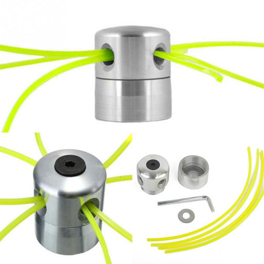Silver aluminum lawn mower accessory, likely a trimmer head, with multiple holes for grass rope and a central hexagonal screw. - Image 3